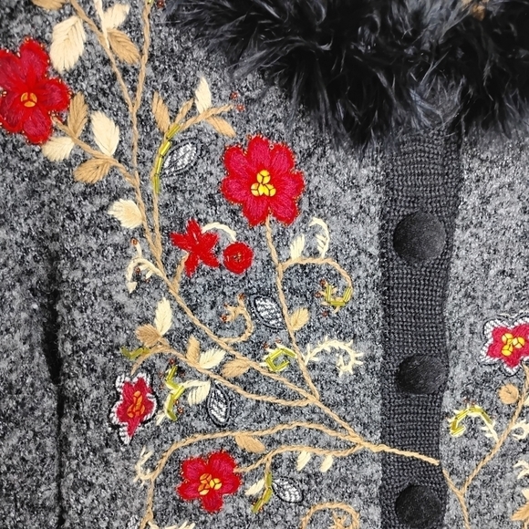 Vintage Ruby Cho Feather Trim Floral Embroidered Cardigan Sweater Holiday Artsy - Picture 3 of 11